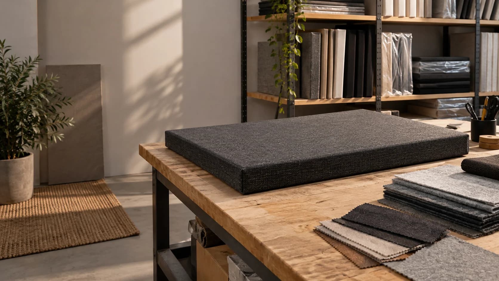 Kumaş akustik panel ve keçe levhaların bulunduğu, üretim hazırlığını anlatan çalışma tezgâhı