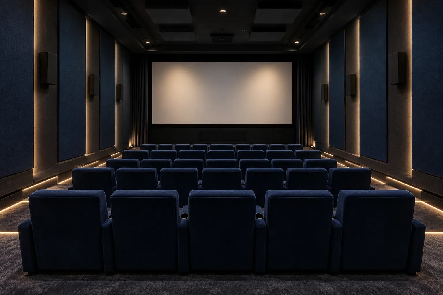 Lacivert koltuklu ve ses yutucu duvarlı sinema salonu konsepti